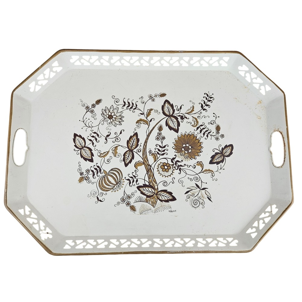 Social Supper tray vintage hand painted aluminum floral‎ Maxey white gold brown